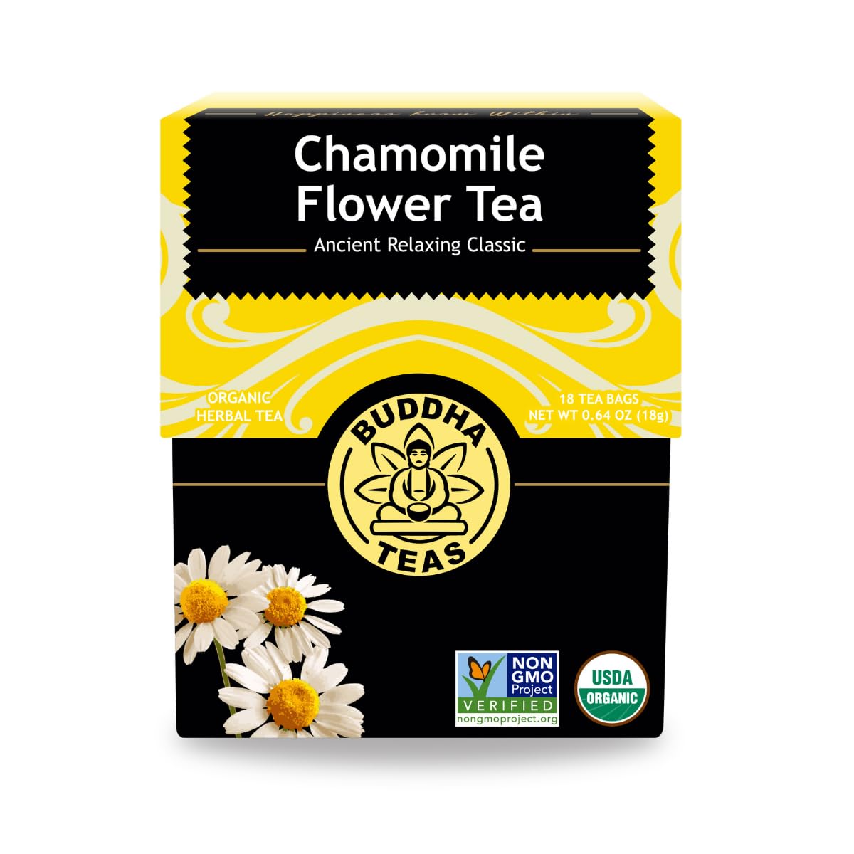 Buddha Teas - Organic Chamomile Flower Tea - Herbal Tea - For Health & Wellbeing - With Antioxidants & Minerals - Clean Ingredients - Caffeine Free - Ou Kosher & Non-Gmo - 18 Tea Bags (Pack Of 1)