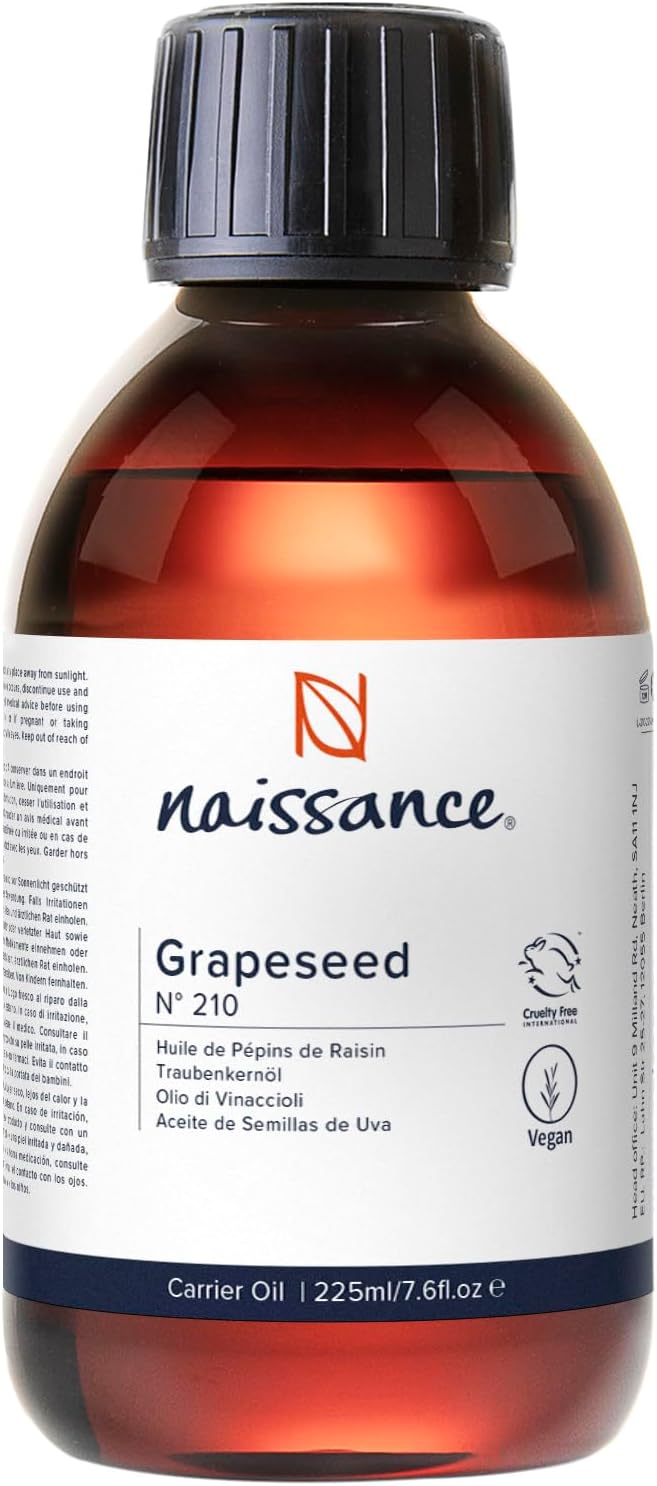 Naissance Grapeseed Oil (No. 210) - 225ml - Natural Moisturiser and Conditioner - for Hair, Skin, Massage, Face, Beard and Aromatherapy