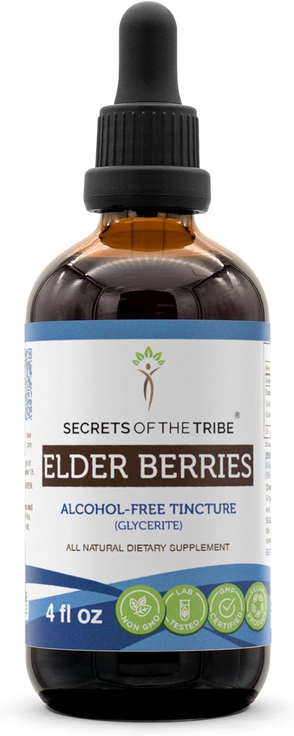Secrets Of The Tribe Elder Berries Alcohol-Free Liquid Extract, Elder Berries (Sambucus Nigra) Dried Berry Tincture Supplement (4 Fl Oz)