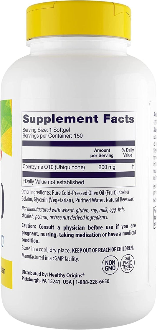 Healthy Origins CoQ10 (Kaneka Q10), 200 mg - Heart Health & Energy Supplement - Gluten-Free & Non-GMO Supplements - 150 Softgels