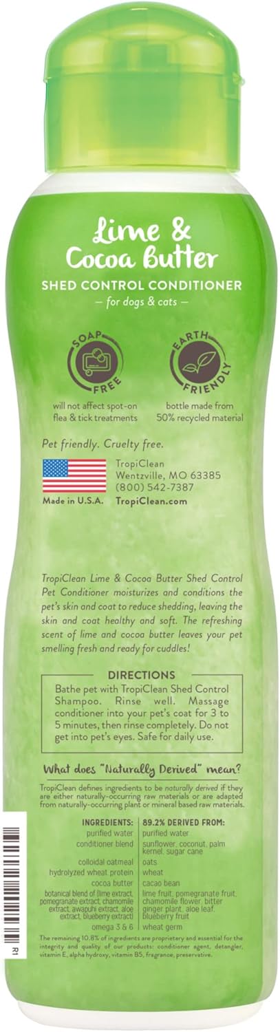 TropiClean Dog Conditioner Grooming Supplies - Shed Control Conditioner for Pets - For Matted Hair & Shedding Control - Derived from Natural Ingredients - Used by Groomers - Lime & Cocoa Butter, 355ml?TRLMCD12Z