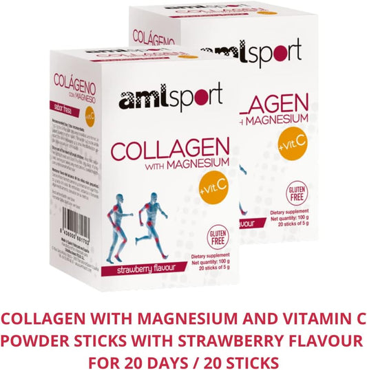 Ana Mar¡a Lajusticia AML Sport - Collagen with Magnesium with Vitamin C Sticks - Strawberry Flavour - Travel Pack -20 Sticks. Hydrolized Collagen. Dairy, Gluten and Sugar Free