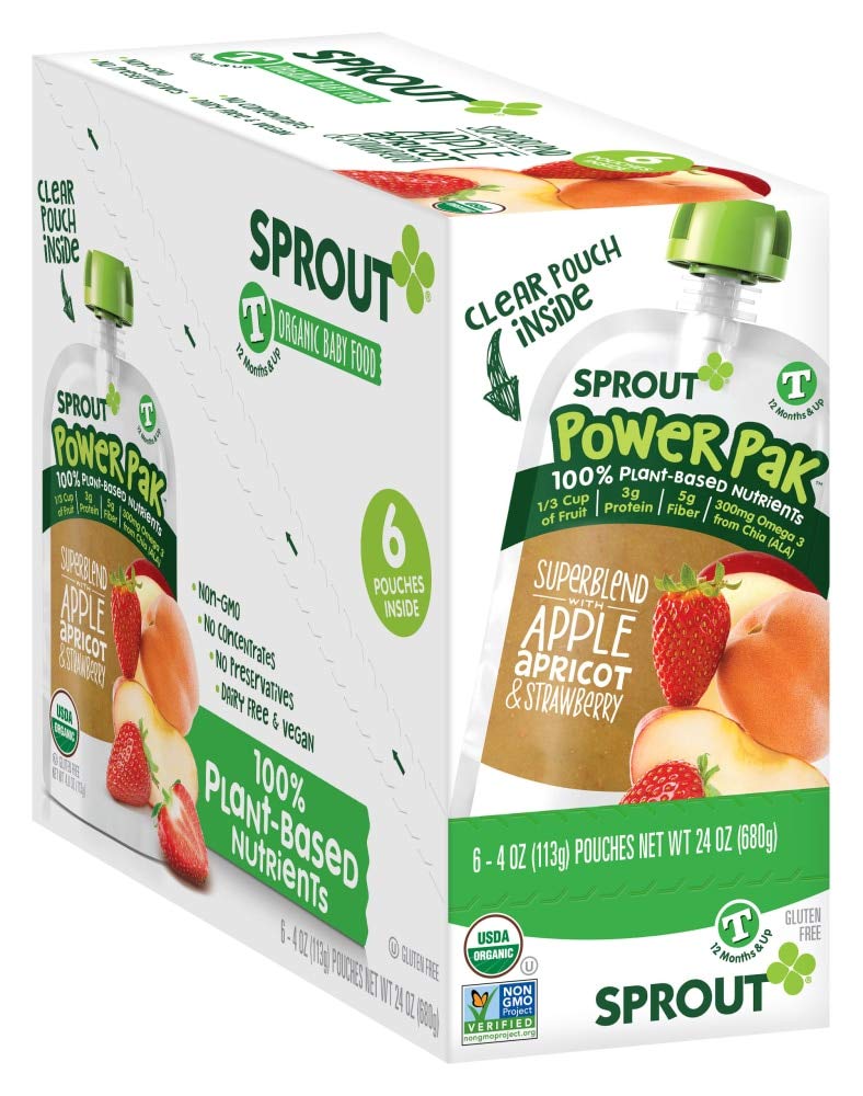Sprout Organic Baby Food, Stage 4 Toddler Pouches, Apple Apricot & Strawberry Power Pak, 4 Oz Purees (Pack Of 6)