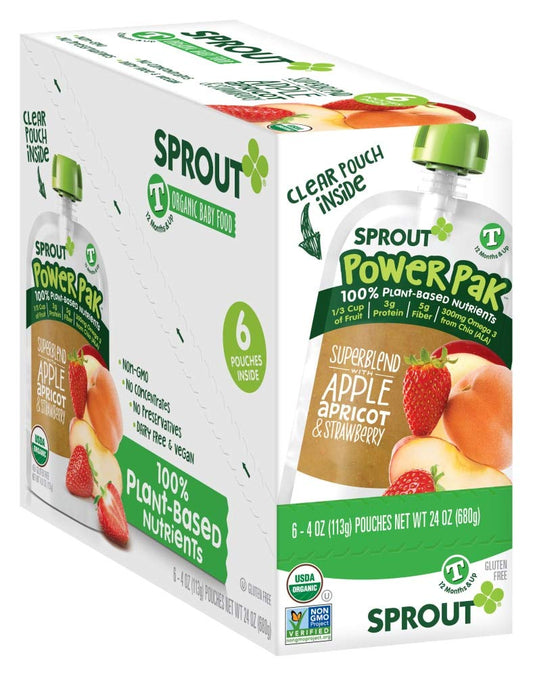 Sprout Organic Baby Food, Stage 4 Toddler Pouches, Apple Apricot & Strawberry Power Pak, 4 Oz Purees (Pack Of 6)
