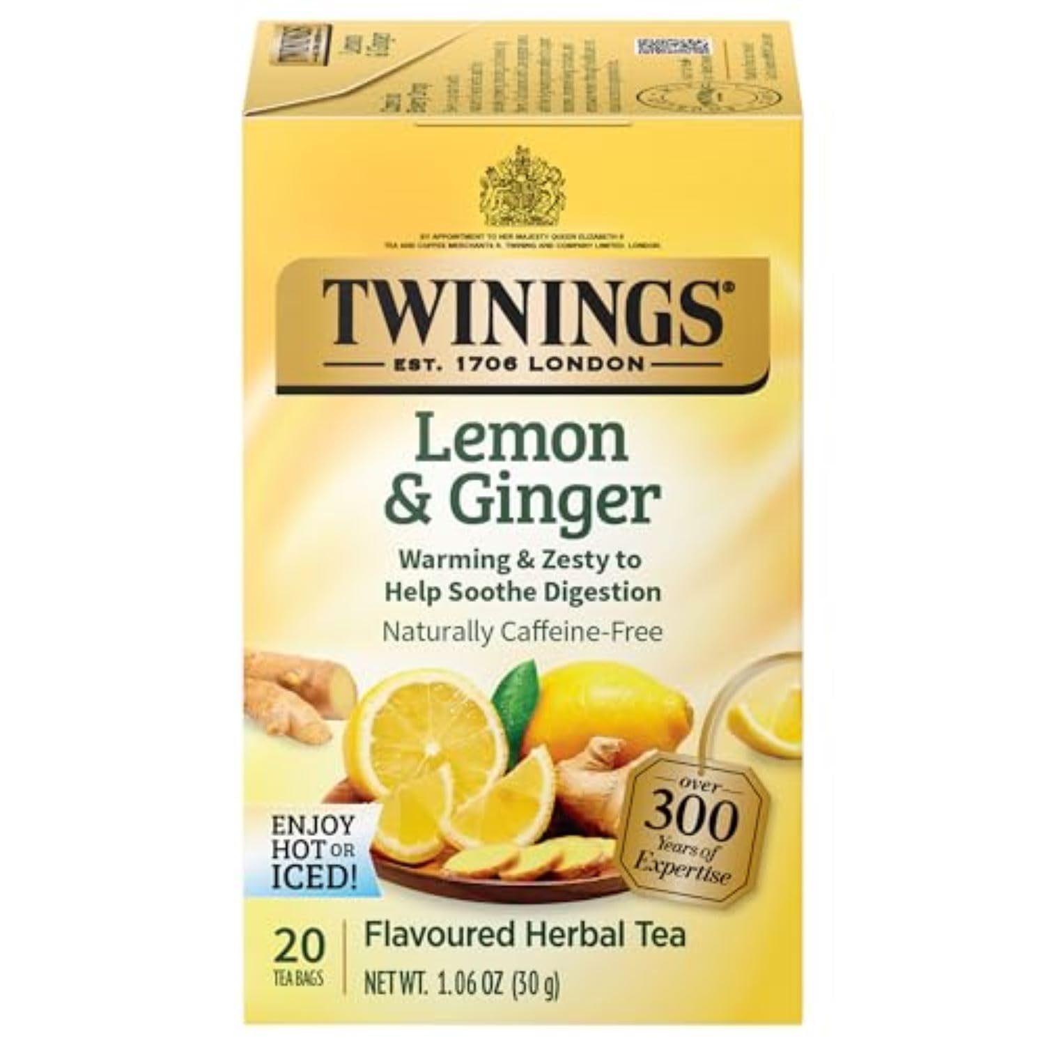 Twinings Lemon & Ginger Individually Wrapped Herbal Tea Bags, 20 Count (Pack Of 6), Tangy Lemon, Spicy Ginger, Caffeine Free, Enjoy Hot Or Iced