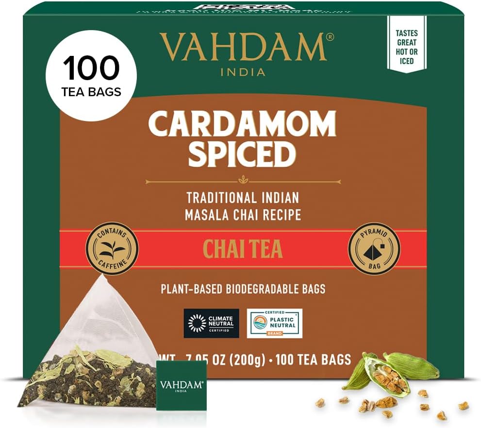 Vahdam, Cardamom Masala Chai Tea Bags (100 Count) Non Gmo, Gluten Free, No Artificial Flavor | Blended W/Exotic Spices | Chai Tea | Resealable Ziplock Pouch