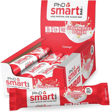 Phd Nutrition Smart Protein Bar Low Calorie, Nutritional Protein Bars/Protein Snacks, High Protein Low Sugar, Strawberries And Cream Flavour, 20G Of Protein, 64G Bar (12 Pack)