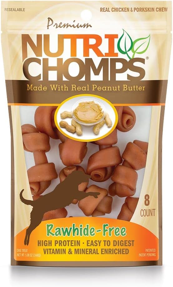 Nutrichomps Dog Chews, 2.5-Inch Knots, Easy To Digest, Rawhide-Free Dog Treats, 8 Count, Real Peanut Butter Flavor