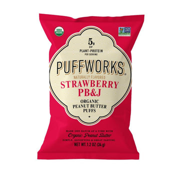 Puffworks Strawberry PBJ Organic Peanut Butter Puffs, 1.2 Ounce (Pack of 6), Plant-Based Protein Snack, Gluten-Free, Vegan, Kosher
