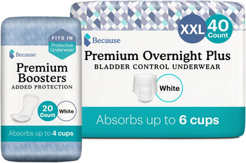 Because Overnight Incontinence Underwear For Men & Women And Booster Pad Bundle - Includes Underwear - White, Xxl, 40Ct (2 Packs Of 20) & Booster Pads, 20Ct/Absorbs Up To 10 Cups