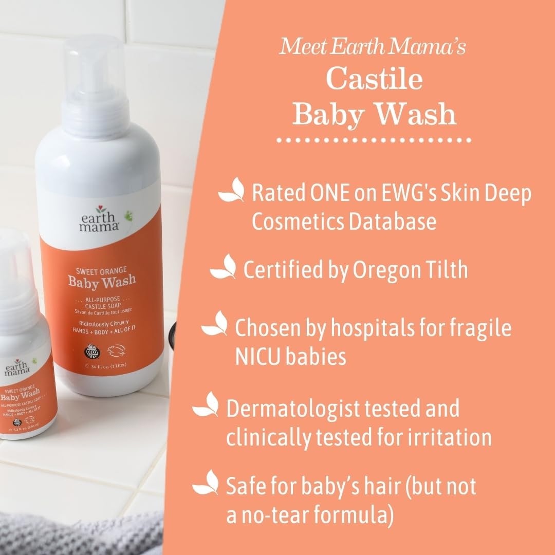 Earth Mama Sweet Orange Baby Wash Liquid Foaming Hand Soap Refill, Organic All Purpose Body Wash, Sensitive Skin Castile Soap with Coconut Oil, Shea Butter, Calendula, & Aloe, 5.3 fl oz & Liter : Baby