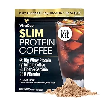 Vitacup Slim Protein Coffee Shake For Diet Support, Instant Coffee W/Whey Protein Powder, B Vitamins & Fiber, Dietitian Developed For Performance And Taste, Make As Iced Coffee Or Shake, 20 Servings