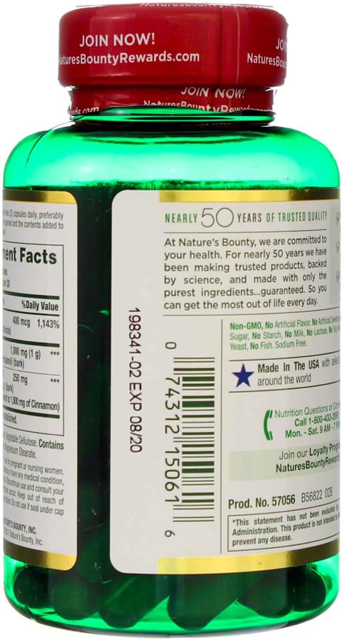 Nature’s Bounty Cinnamon 2000mg Plus Chromium, Sugar Metabolism Support Supplement, 60 Capsules