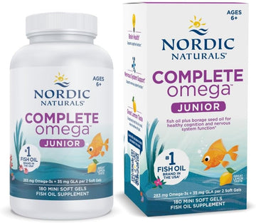 Nordic Naturals Complete Omega Jr., Lemon - 180 Mini Soft Gels - 283 mg Total Omega-3s & 35 mg GLA - Healthy Cognition, Nervous System Function - Non-GMO - 90 Servings