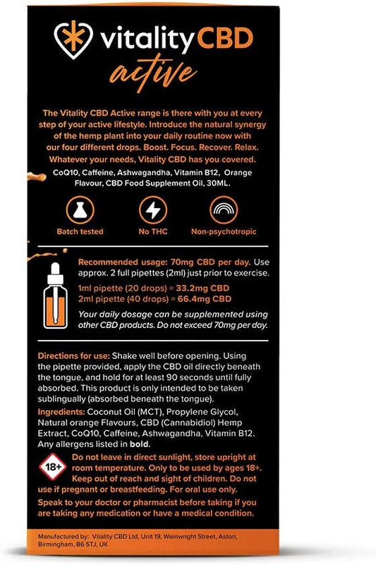 Vitality Cbd Active Boost Drops With Vitamin B12, Caffeine, Ashwagandha, 1000Mg Of Cbd, 30Ml, Orange Flavour, No Thc