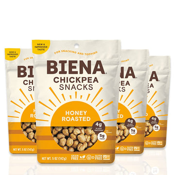 Biena Crispy Roasted Chickpea Snacks-Honey Roasted, High Protein Snacks, High Fiber Snacks, Gluten Free, Plant-Based, Allergy Friendly, Non-GMO, Healthy Snacks for Adults and Kids, 4-Pack 5 Ounce Bags