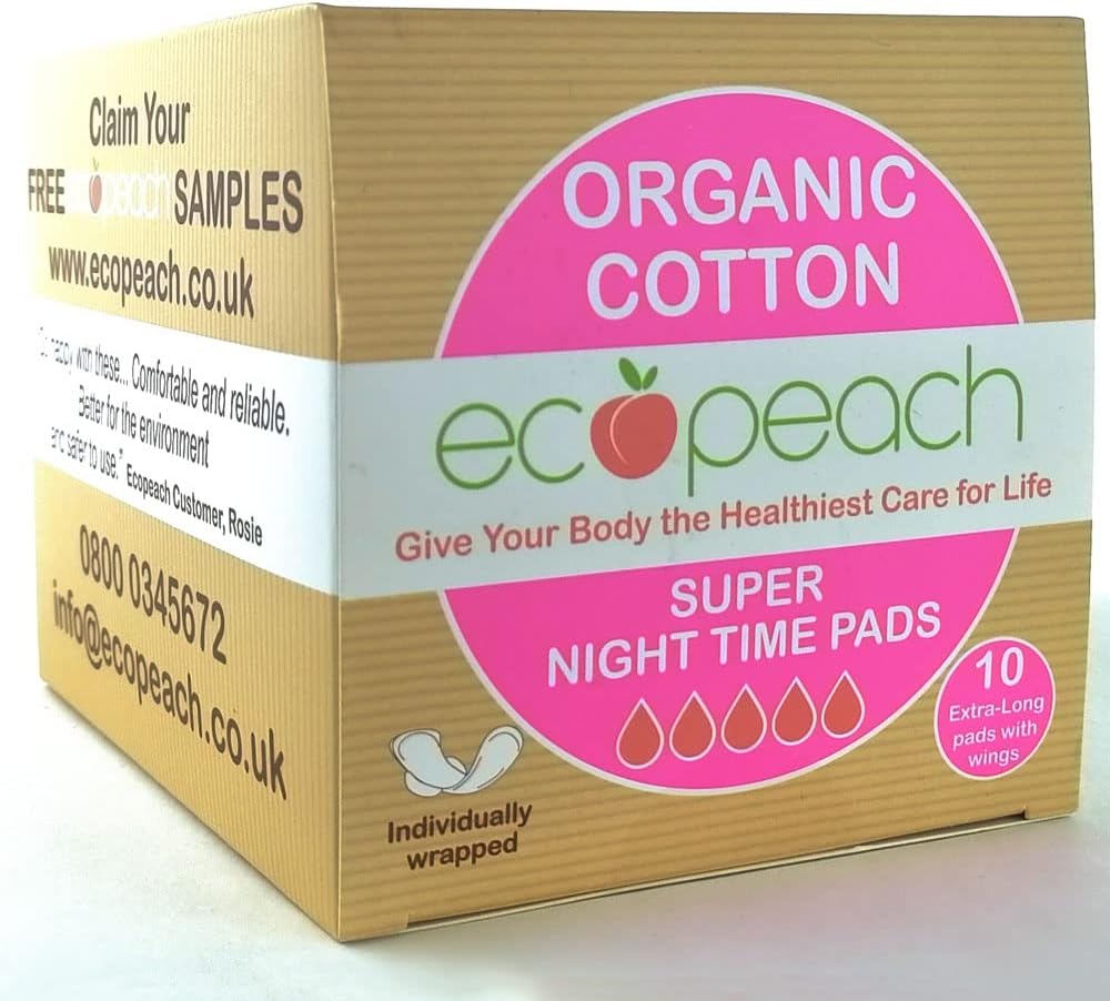 Ecopeach Organic Cotton Super Night Time Pads with Wings, 60 Sanitary Towels (6 Packs x 10) - Ultra Soft & Absorbent, Breathable, Chlorine-Free, Fragrance-Free. Designed for Sensitive Skin