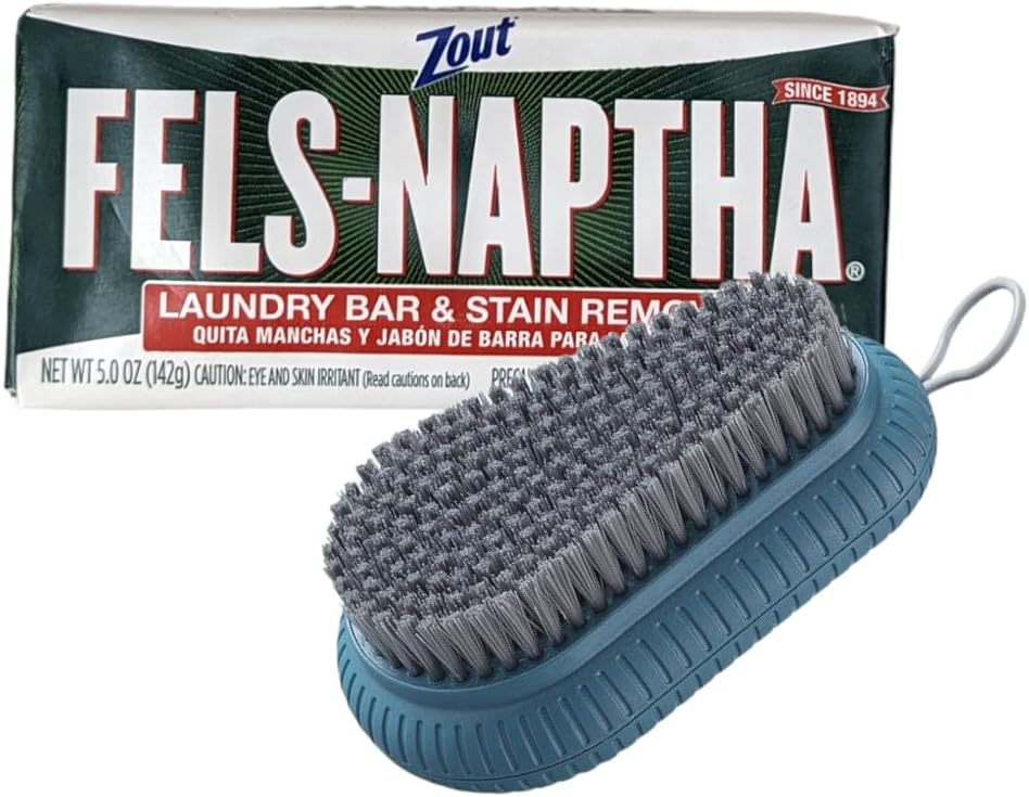 Fels Naptha Laundry Detergent Bar Soap and Stain Remover Bundle Includes 1 (5oz) Fels Naptha-Laundry Bar and Blehblu Household Cleaning Scrub Brush - Midnight Blue
