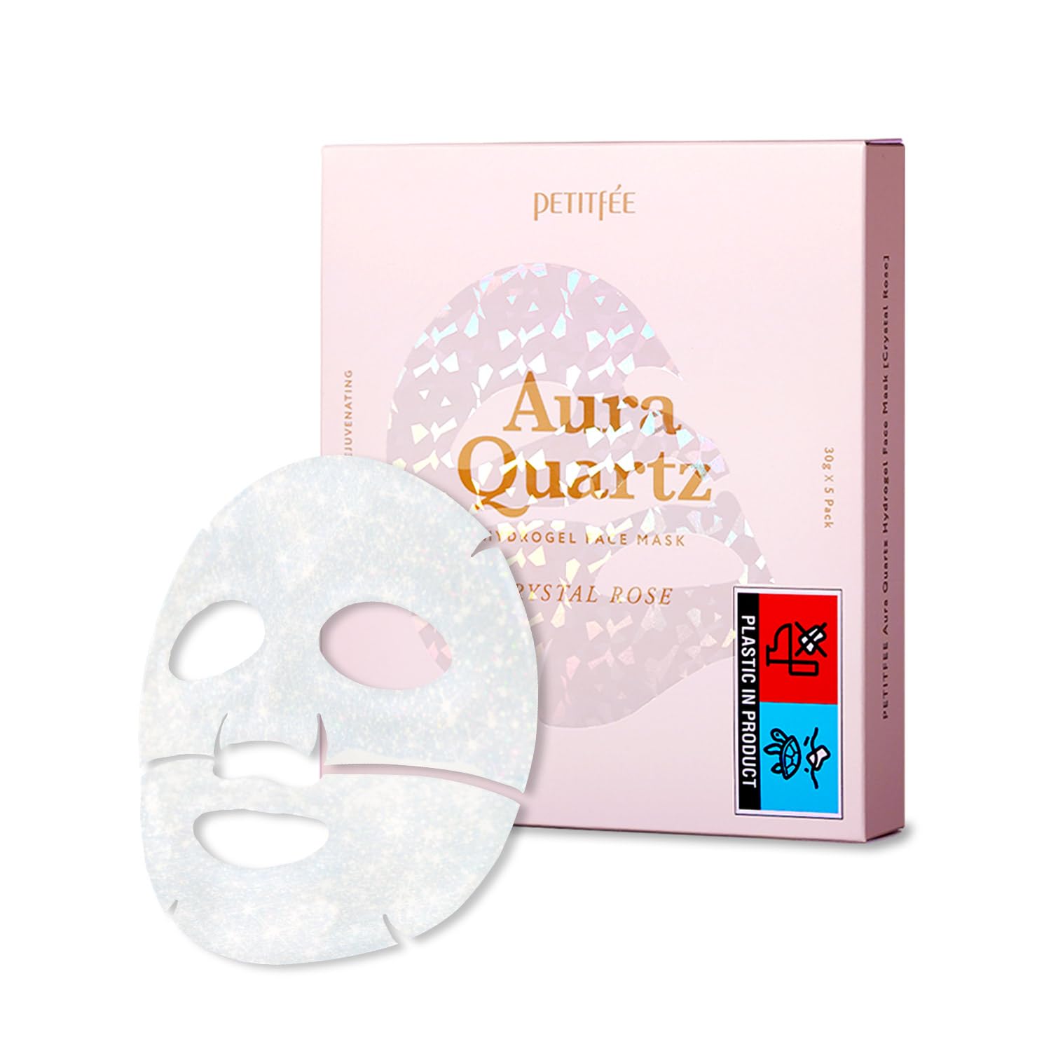 Petitfee Aura Quartz Hydrogel Face Mask Crystal Rose 30G*5Ea - Rose Facial Mask For Radiant Skin With Pearl Protein, Collagen, Hyaluronic Acid, Brighten & Supple Face, Hydrating, Soothing Skin