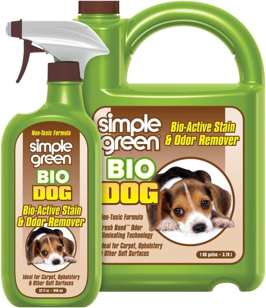 Simple Green Bio Dog Active Stain & Odor Remover - Enzyme Cleaner & Stain Remover For Carpet, Rugs & Fabric – Eliminates Urine Odor (32 Oz Spray & 1 Gal Refill)