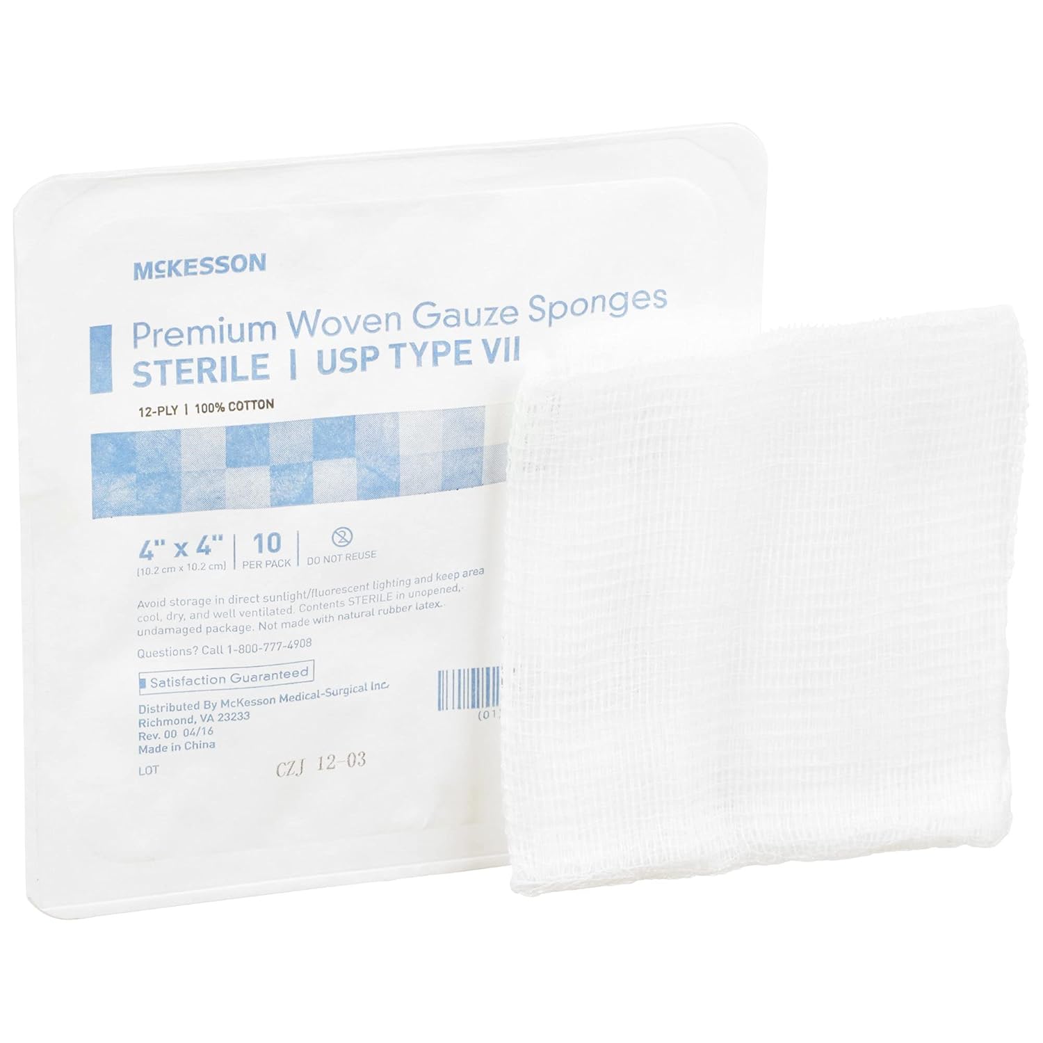 Mckesson Premium Woven Gauze Sponges, Sterile, 12-Ply, Usp Type Vii, 100% Cotton, 4 In X 4 In, 10 Per Pack, 128 Packs, 1280 Total