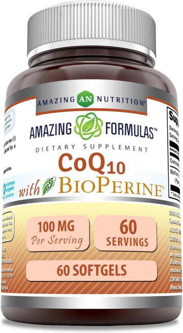Amazing Formulas Coq10 With Bioperine Supplement | 60 Softgels | 100 Mg Per Serving | Non-Gmo| Gluten Free | Made In Usa
