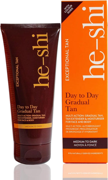 He-Shi Day To Day Darker Gradual Tan Moisturiser - Easy Application Self Tanning Lotion - Gradual Fake Tan With Vitamin E - Vegan & Cruelty Free - Suitable For Face & Body (200Ml)