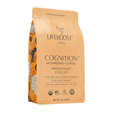 Lifeboost Cognition Adaptogenic Mushroom Coffee - Lions Mane & Chaga Nootropic Coffee - Great Tasting Medium Organic Coffee - Increase Energy, Boost Focus & Immune Support - 12 Oz Bag - Ground