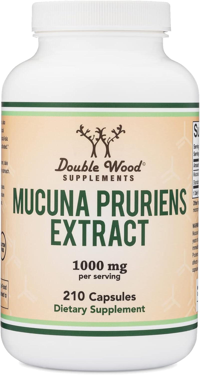 Mucuna Pruriens Extract Capsules - Dopamine Boosting Supplement - 210 Count, 1,000mg Per Serving, 20% (from Velvet Bean) (for Mood and Motivation Support) Third Party Tested by Double Wood : Health & Household