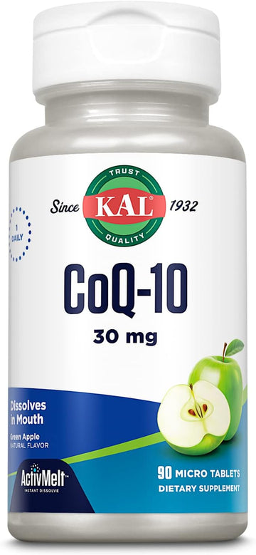 KAL CoQ10 30mg, Antioxidant Formula, CoEnzyme Q10 Supplement for Heart Health and Cellular Energy Support, Fast-Dissolving ActivMelts, Vegetarian, Natural Green Apple avor, 90 Serv, 90 Micro Tablets