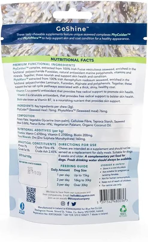 Blue Pet Co - Goshine Skin & Coat Health Supplement For Dogs - Promotes Healthy Skin, Shiny Coat & Hair Growth - Enriched With Unique Seaweed Complexes - Rich In Chicken - 30 Chews
