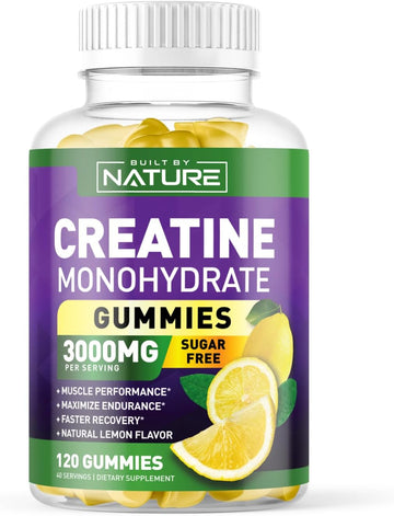 Built By Nature Sugar Free Creatine Monohydrate Gummy For Men And Women – Muscle Strength & Energy Boost Pre Workout - Natural Lemon Flavor - 120 Gummies