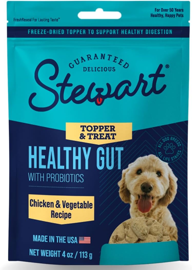 Stewart Freeze Dried Dog Food Topper, Healthy Gut, Chicken And Vegetable Recipe, 4 Ounce Pouch, Probiotics For Digestion