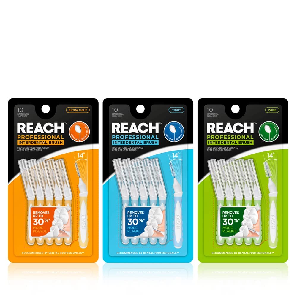 Reach Interdental Brush Variaty Bundle | Removes up to 30% More Plaque | Special Designed for Gum Protection | Wide (1.33mm) x 10, Tight (1.0mm) x 10 & Extra Tight (0.7mm) x 10