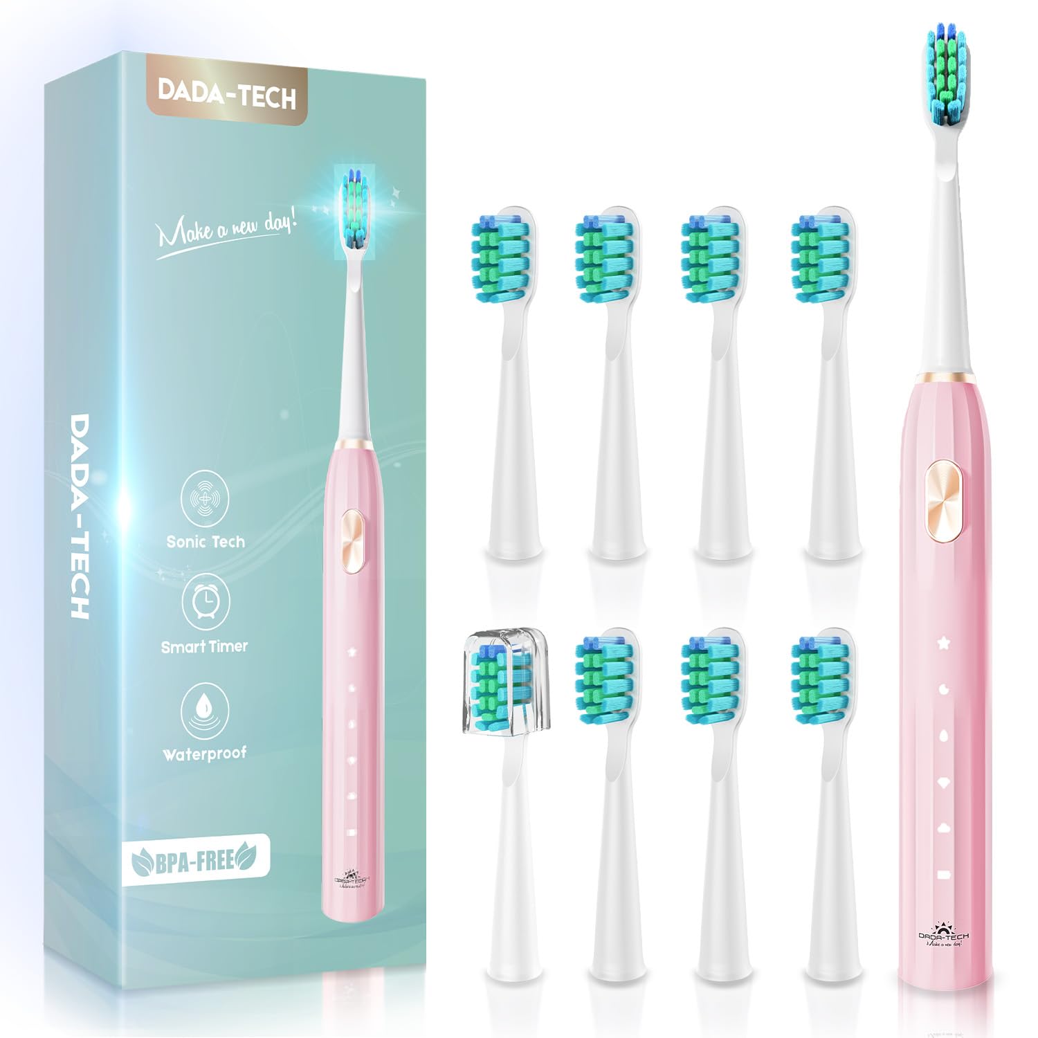 DADA-TECH Sonic Electric Toothbrush for Adults with 90% Rounded Bristles, 5 Cleaning Modes 2-Minute Timer and 9 Replacement Reminder Brush Heads (Pink)