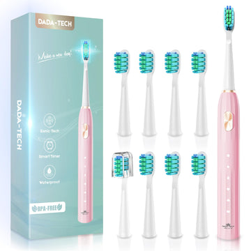 DADA-TECH Sonic Electric Toothbrush for Adults with 90% Rounded Bristles, 5 Cleaning Modes 2-Minute Timer and 9 Replacement Reminder Brush Heads (Pink)