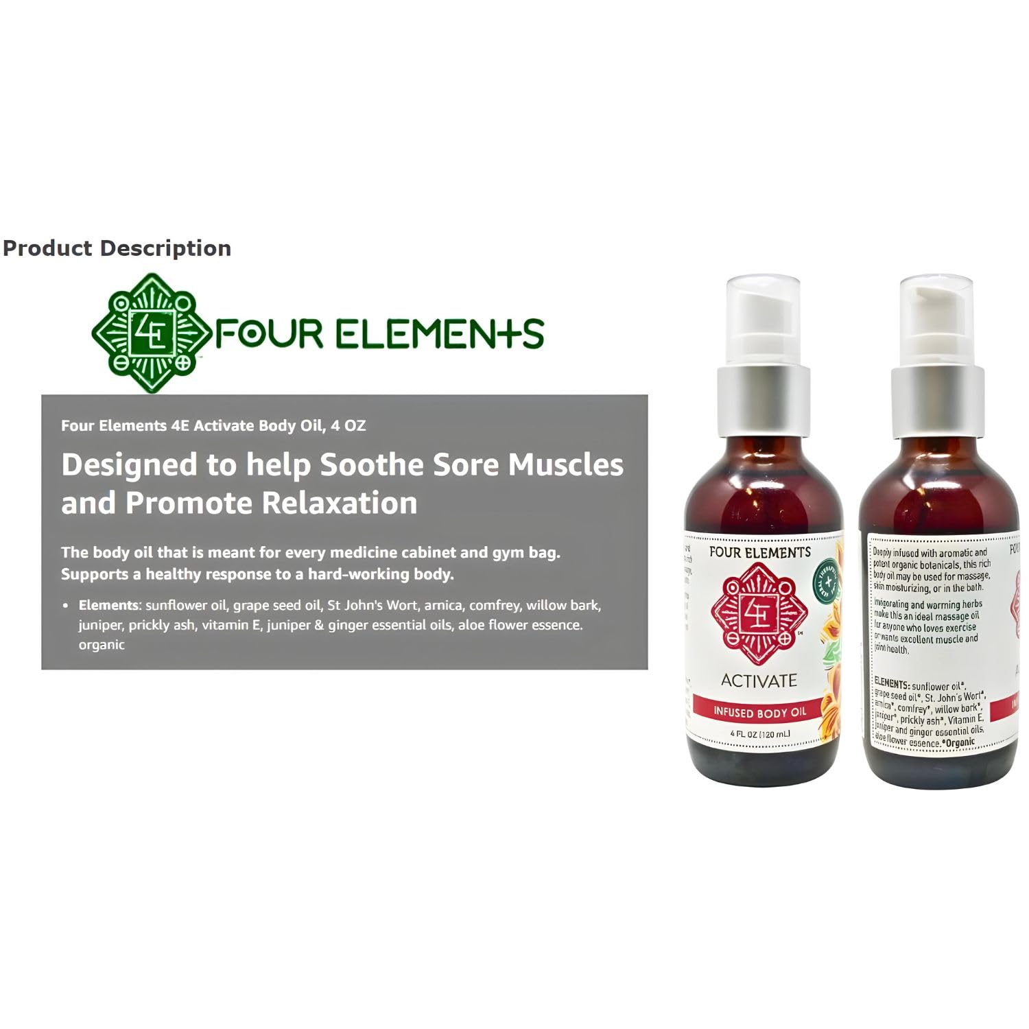 Four Elements 4E Activate Body Oil, Made With Certified Organic Herbal Oil To Help Soothe Sore Muscles And Promote Relaxation, 4 Fl Oz : Beauty & Personal Care