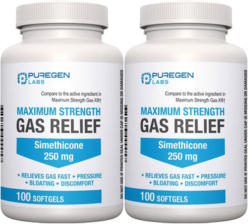 P Puregen Labs Maximum Strength Gas Relief Softgels with Simethicone 250 mg Relieve Pressure, Bloating and Painful Discomfort Compare to Gas-X and Phazyme -200 Count Total