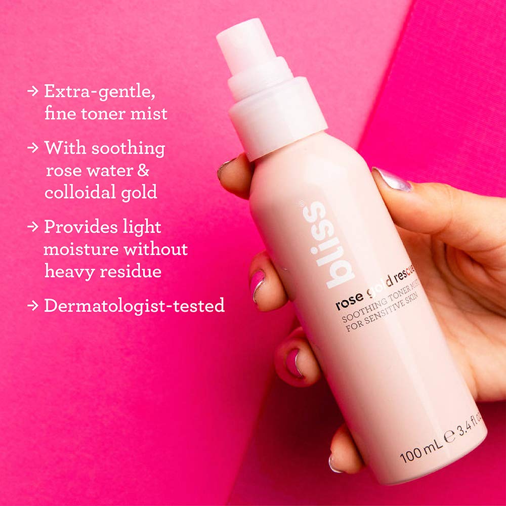 Bliss Rose Gold Rescue Toner Mist, Soothing & Refreshing Face Spray | Calming Rose Flower Water & Nourishing Colloidal Gold For Sensitive Skin | Clean | Cruelty-Free | Paraben Free | Vegan | 3.4 Oz : Beauty & Personal Care