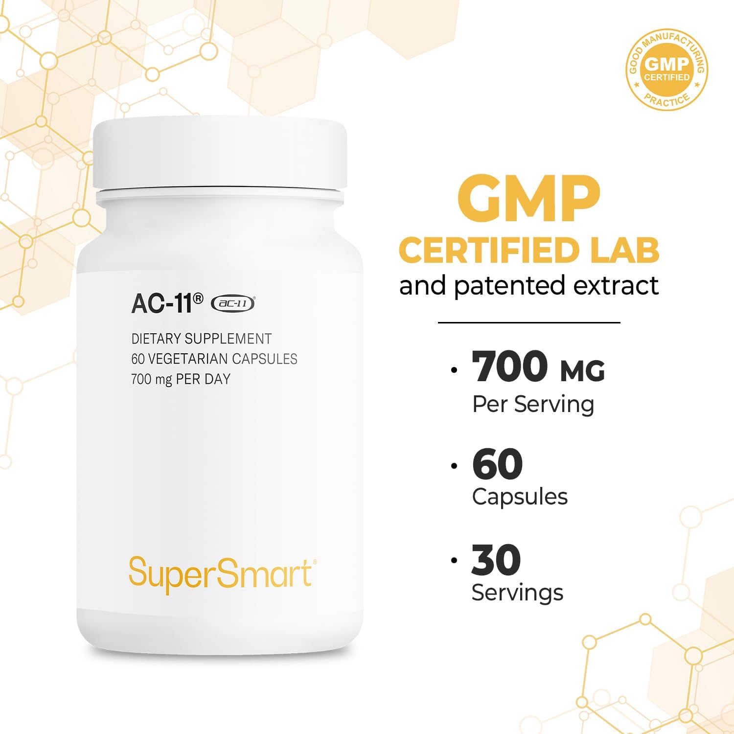 Supersmart - Ac-11 Supplement (Cat'S Claw Extract) 700Mg Per Day - Uncaria Tomentosa Bark - Cell Dna Repair - Anti Aging & Immune Support | Non-Gmo & Gluten Free - 60 Vegetarian Capsules : Health & Household