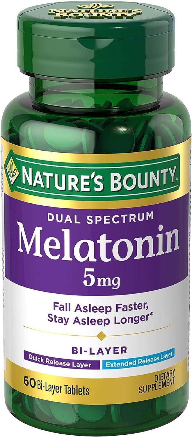 Nature'S Bounty Melatonin 5Mg Dual Spectrum, 100% Drug Free Sleep Supplement, Quick Release And Extended Release, Promotes Relaxation And Sleep Health, 60 Bi-Layer Tablets
