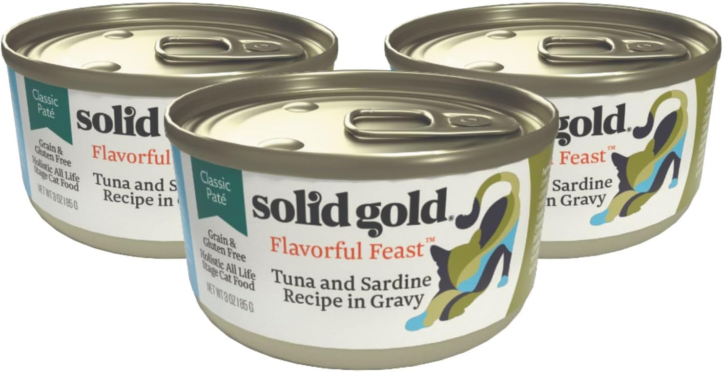 Solid Gold Wet Cat Food Pate Flavorful Feast 3 Count Sample Pack - Canned Cat Food Made W/Real Tuna & Sardine - Grain Free Cat Wet Food For Sensitive Stomach & Healthy Living