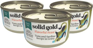 Solid Gold Wet Cat Food Pate Flavorful Feast 3 Count Sample Pack - Canned Cat Food Made W/Real Tuna & Sardine - Grain Free Cat Wet Food For Sensitive Stomach & Healthy Living