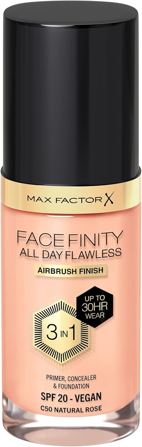 Max Factor - Facefinity All Day Flawless Foundation - 3-In-1 Concealer, Liquid Foundation & Face Primer - Up To 30Hr Wear - Flawless Airbrush Finish, Spf 20, Vegan - C50 Natural Rose - 30Ml