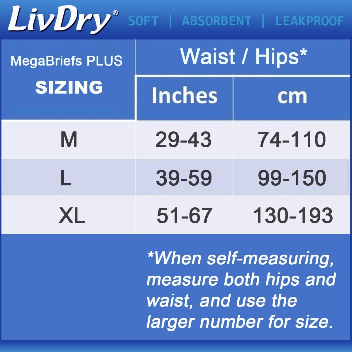 LivDry MegaBriefs Adult Diapers with Tabs, Max 12-Hour Capacity, Super Absorbent Incontinence Underwear, Leak Protection Briefs, Medium, 16-Pack : Health & Household