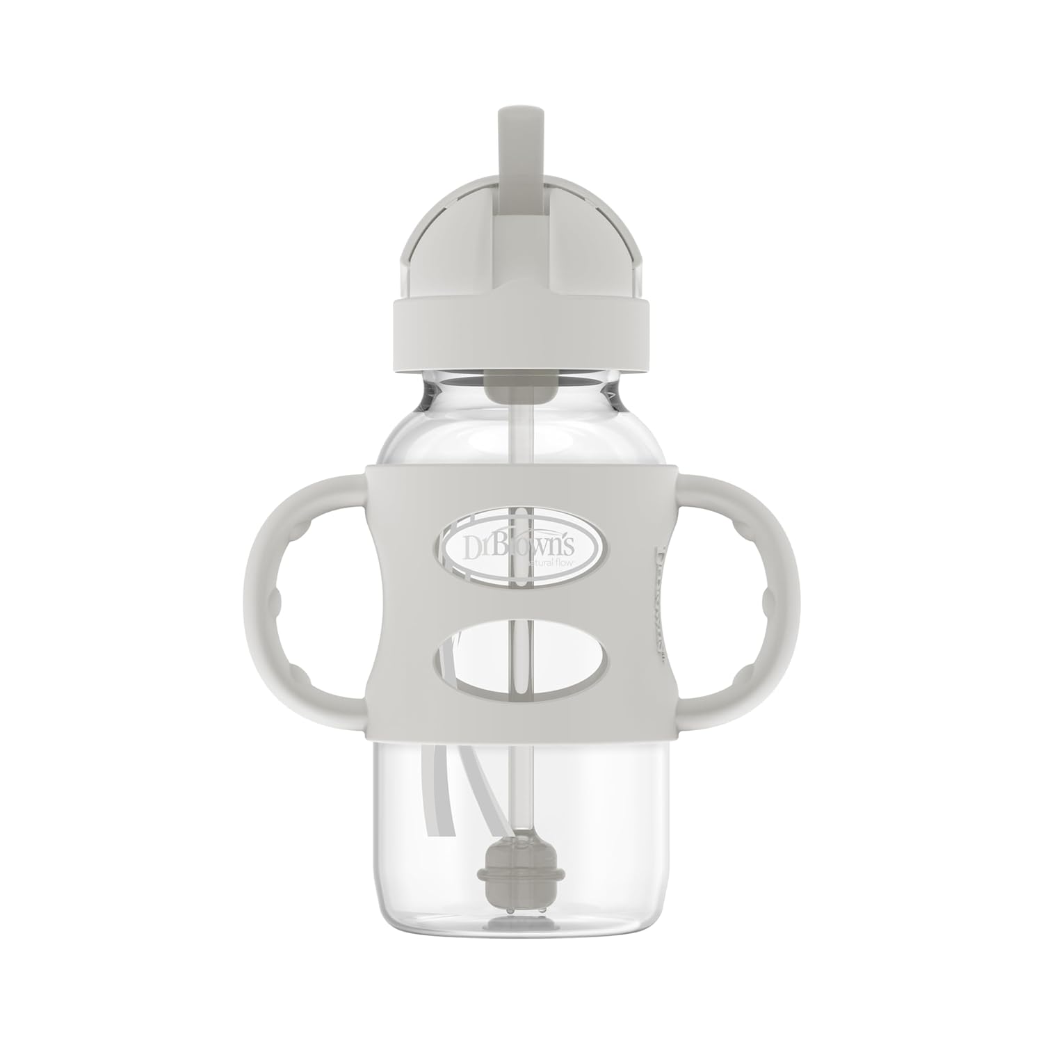 Dr. Brown'S Milestones Wide-Neck Sippy Straw Bottle With 100% Silicone Handles And Weighted Straw, 9 Oz/270 Ml, Gray, 6M+