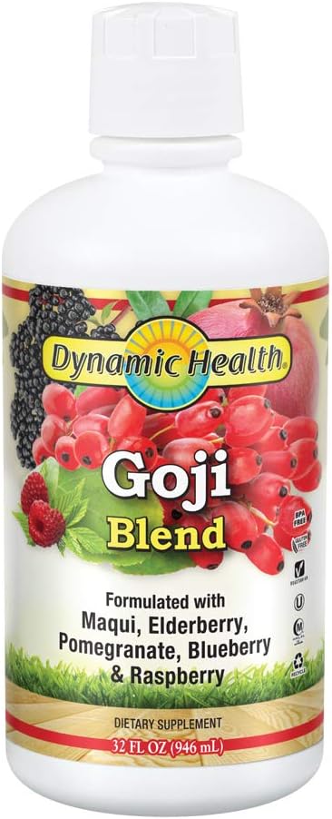 Dynamic Health Goji Juice Blend, with Maqui, Elderberry, Pomegranate, Raspberry & Blueberry, vegetarian, Gluten-free, BPA-Free, 32oz (Pack of 2)