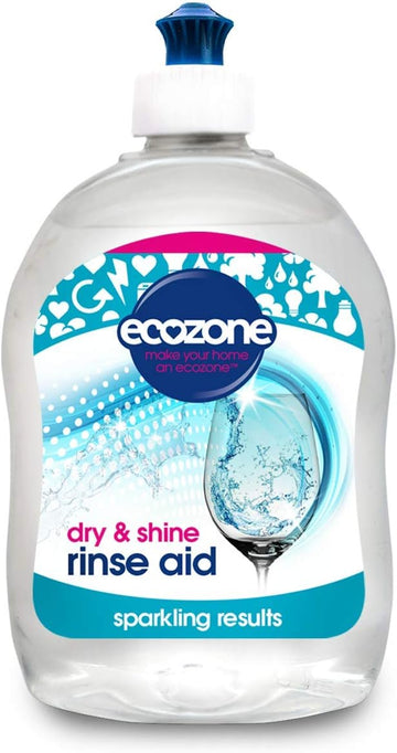 Ecozone Rinse Aid, Natural Rinsing Aid For Dishwashers, Dry & Shine Gentle Formula For Sparkling & Streak-Free Results, Leaves Glass & Crockery Hygienically Clean, Vegan Friendly Solution (500Ml)