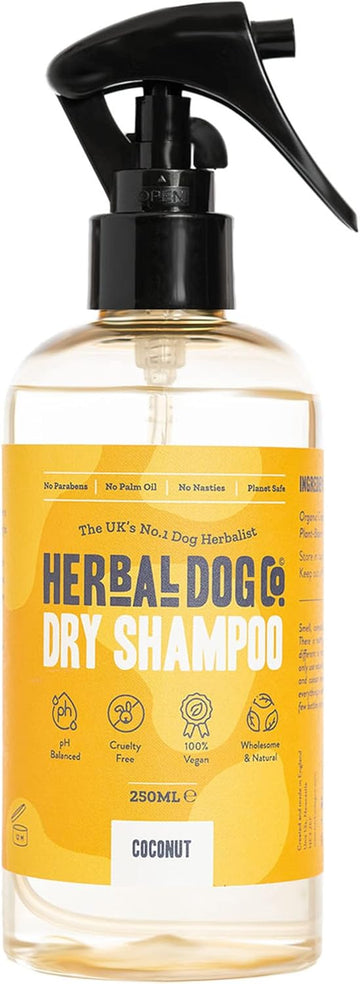 Herbal Dog Co Natural Dry Shampoo for Dogs & Puppies - Coconut, 250ml - Dog Grooming Dog Perfume & Conditioner - Hypoallergenic, Vegan, Made in UK?Coconut