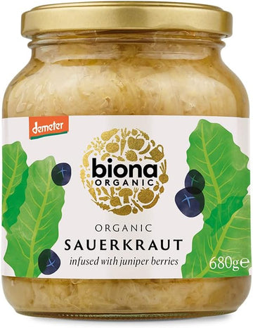 Biona Organic Sauerkraut Multipack 6X680G - Infused With Juniper Berries - Fresh, Naturally Fermented Organic White Cabbage - Pasteurised - High In Protein, Naturally Vegan - No Additives